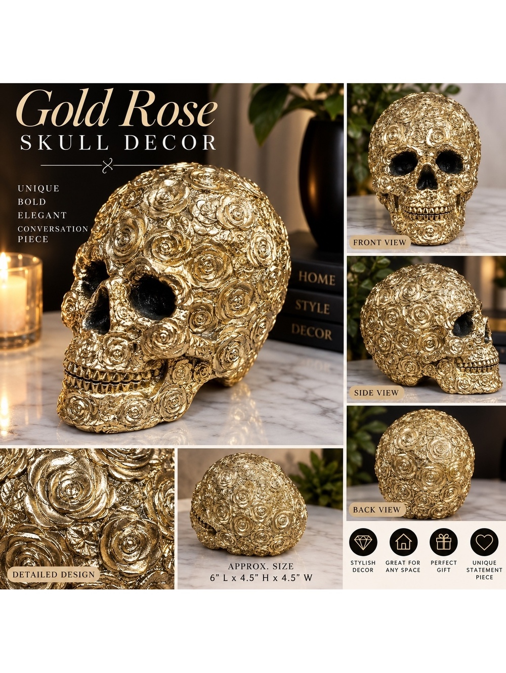 Gold Rose Floral Skull Decorative Accent
